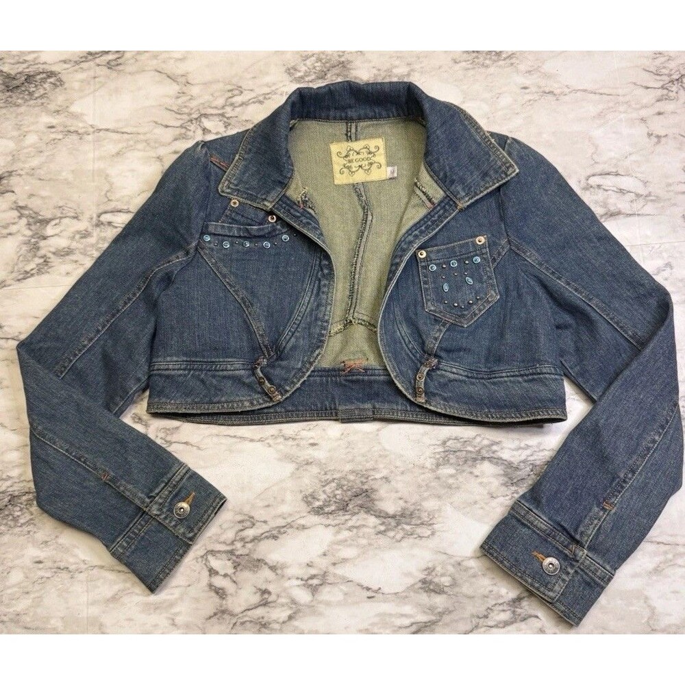 Vintage Be Good Y2K Embellished Cropped Denim Bolero Jacket Med Wash Blue Size M